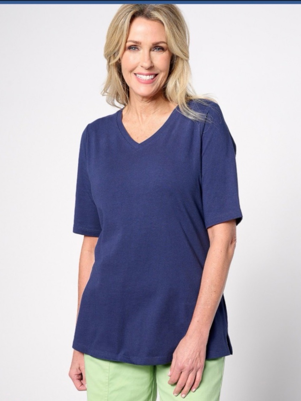 Denim & Co. Essentials Regular True Cotton Jersey V-Neck Tunic Sz L Navy